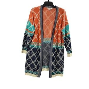 Flying‎ Tomato Long Cardigan Women Medium Geo Diamond Pattern Sweater Open Front